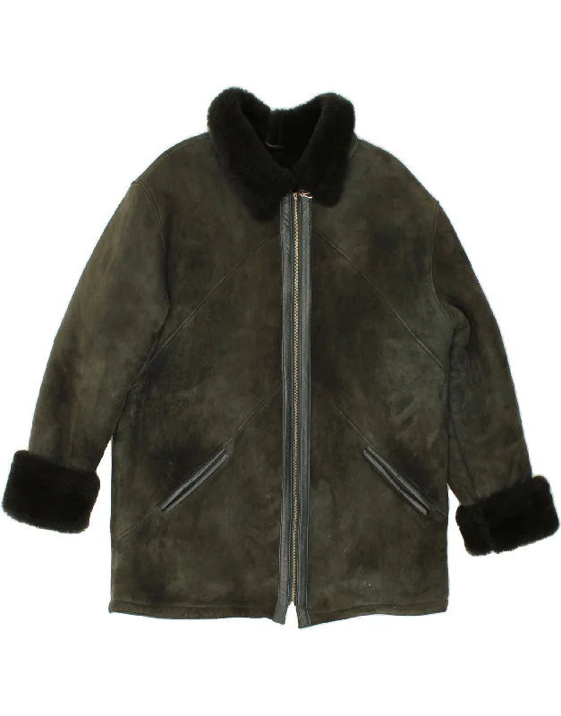 VINTAGE Womens Shearling Coat UK 18 XL Green Colourblock Shearling Fitted Loose Oversized VINTAGE Womens Shearling Coat UK 18 XL Green Colourblock Shearling Fitted Loose Oversized