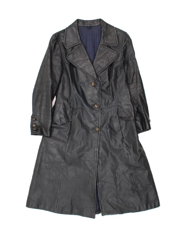 VINTAGE Womens Leather Coat IT 46 Large Navy Blue Appliqued Beaded Sequined