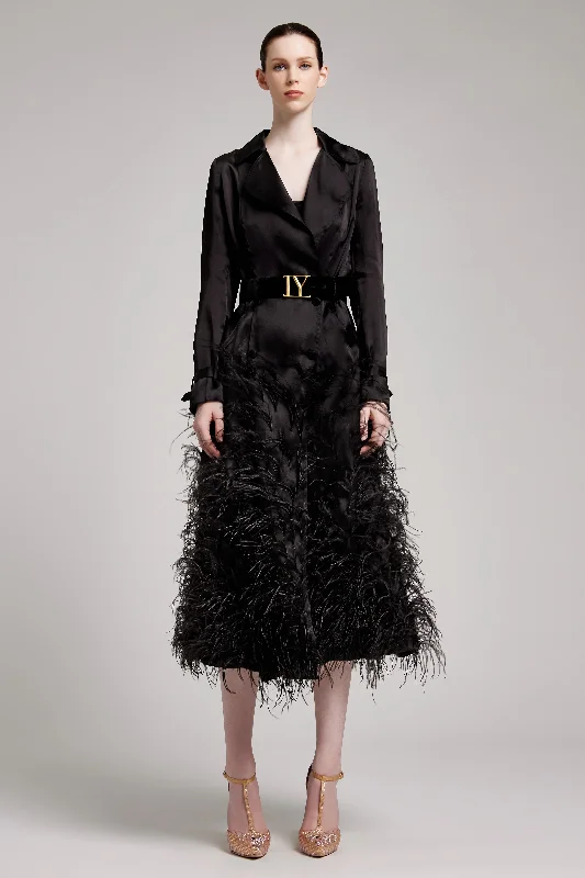 Silk Gazar Ostrich Feathers Embellished Trench Coat in Black Lapel Coat Peter Pan Collar Coat Cowl Neck Coat Silk Gazar Ostrich Feathers Embellished Trench Coat in Black Lapel Coat Peter Pan Collar Coat Cowl Neck Coat