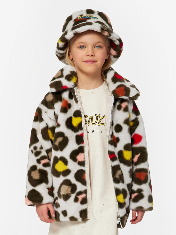 KENZO Girls Faux Fur Coat in Multicolour Boat Shawl Notched