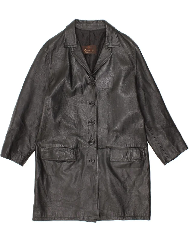 GALLOTTI Womens Leather Coat UK 14 Medium Black Leather Trench Wool Cashmere