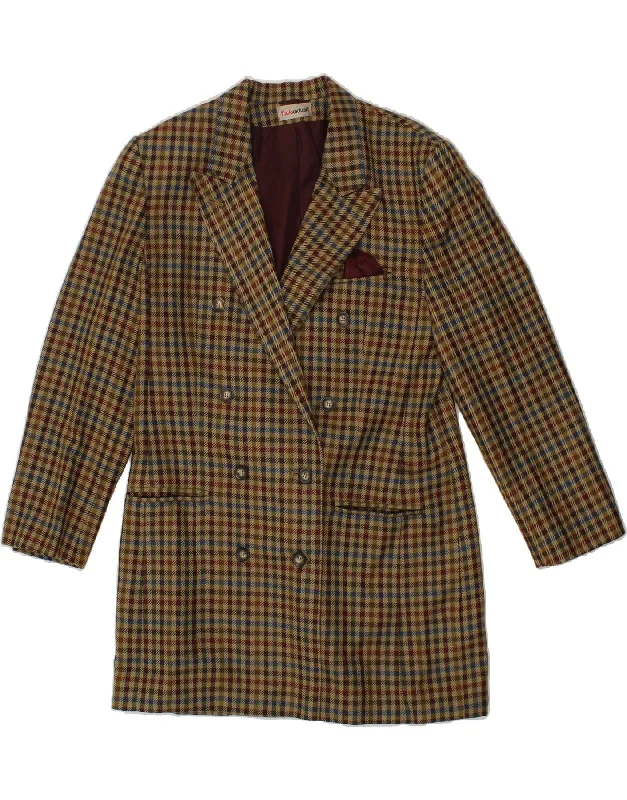 VINTAGE Womens Double Breasted Coat EU 40 Medium Beige Houndstooth Suede Jacket Faux Fur Jacket Puffer Jacket