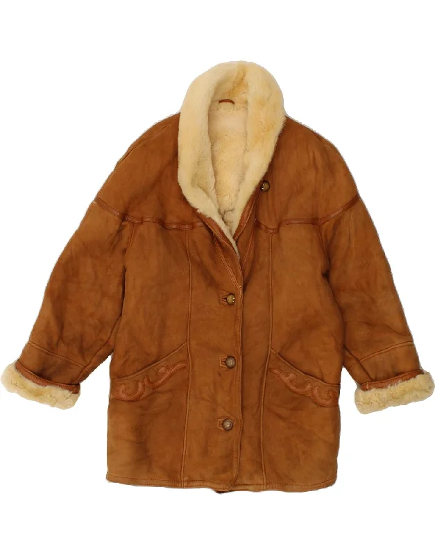 VINTAGE Womens Shearling Coat IT 42 Medium Brown Shearling Striped Polka Dot Solid