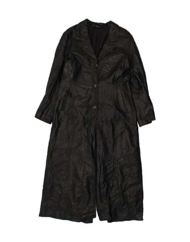 VINTAGE Womens Leather Coat IT 48 XL Black Leather Blouse Shirt Tunic
