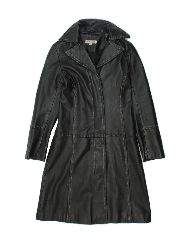 VINTAGE Womens Leather Coat UK 10 Small Black Leather Trench Raincoat Windbreaker