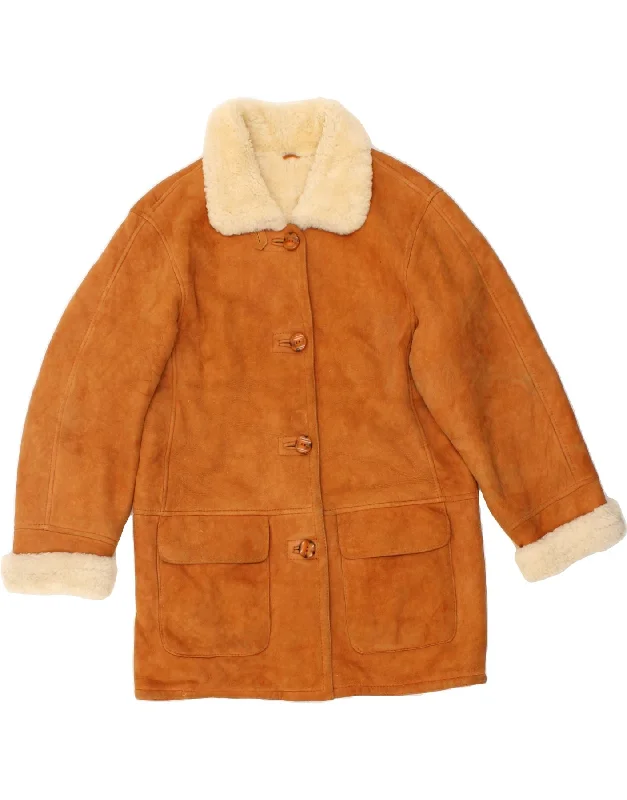 VINTAGE Womens Shearling Coat US 6 Medium Brown Sheepskin Down Puffer Quilted