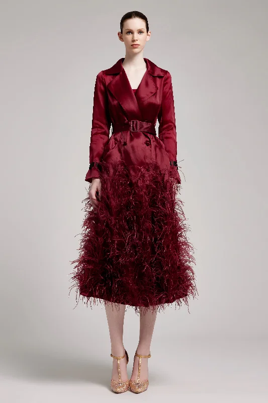 Silk Gazar Ostrich Feathers Embellished Trench Coat in Rosewood Turtleneck Wrap Cape Silk Gazar Ostrich Feathers Embellished Trench Coat in Rosewood Turtleneck Wrap Cape