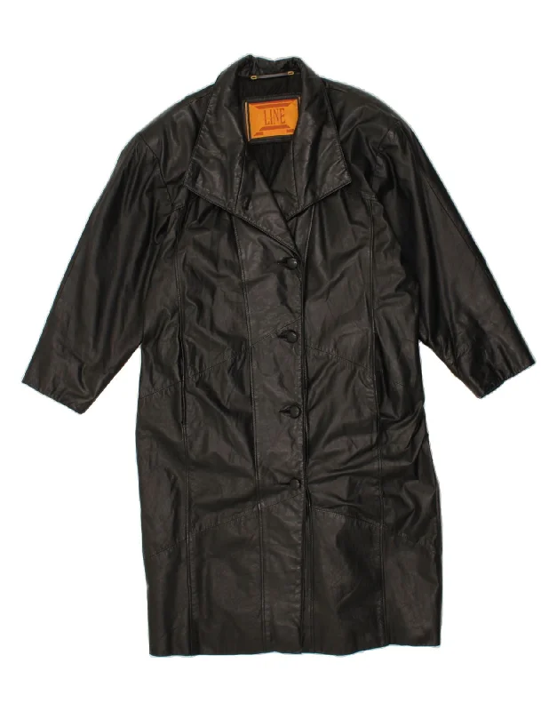 VINTAGE Womens Leather Coat UK 18 XL Black Leather Pleated Ruffled tiered