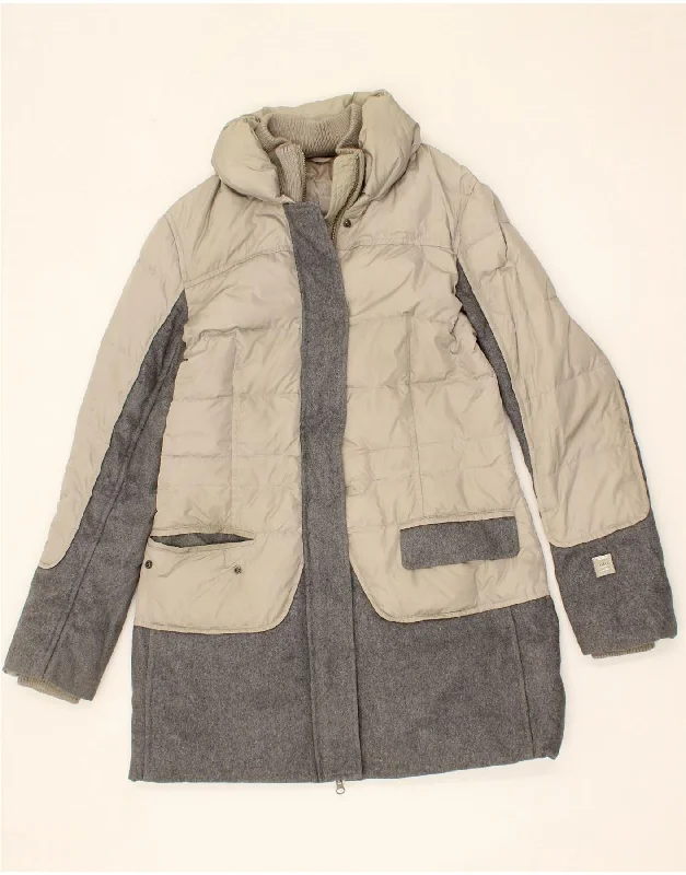ADD Womens Padded Coat UK 14 Large Beige Colourblock Polyamide Off-the-Shoulder Jacket Double-Breasted Coat Single-Breasted Coat