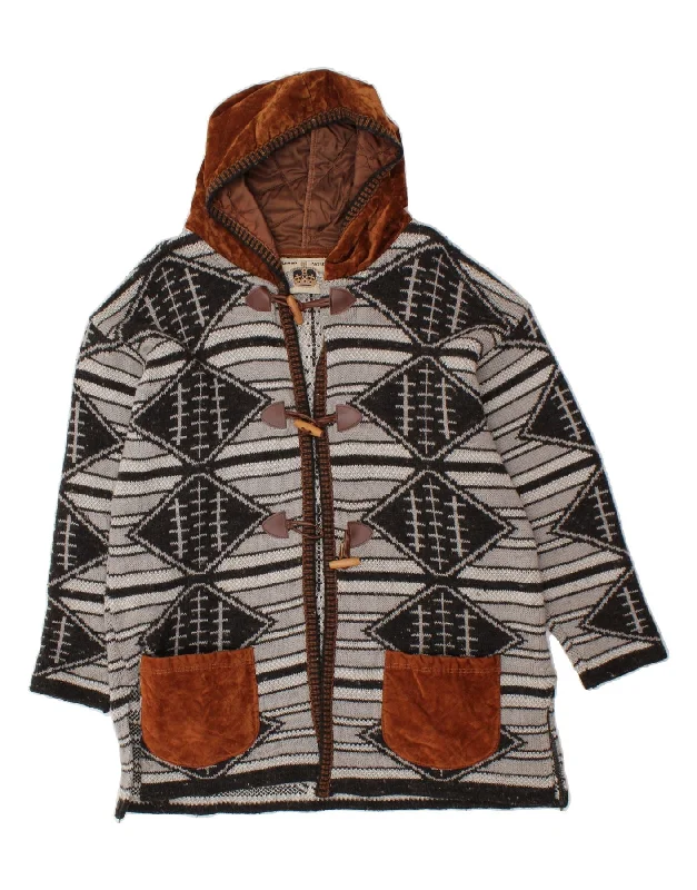 VINTAGE Womens Hooded Knit Duffle Coat UK 18 XL Grey Geometric Viscose Embroidered Appliqued Beaded