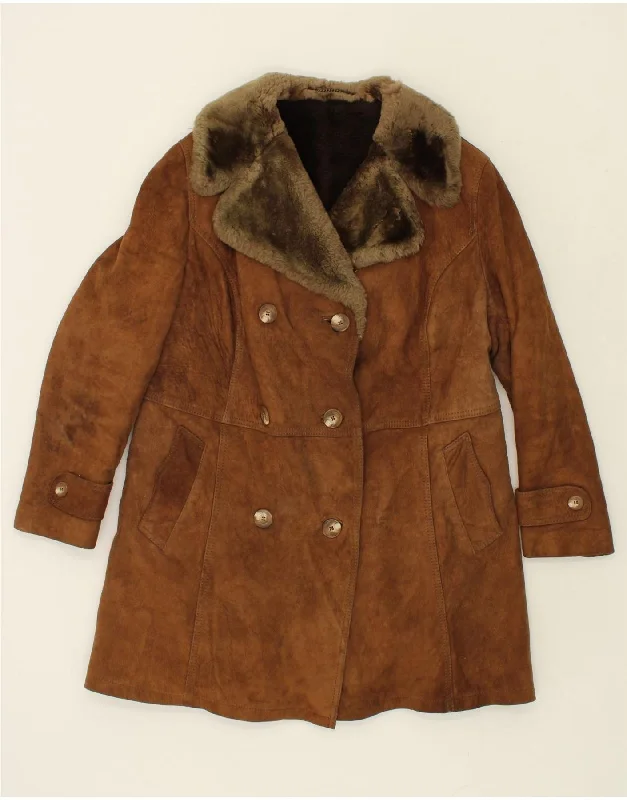 VINTAGE Womens Shearling Coat UK 14 Medium Brown Asymmetrical Diagonal princess