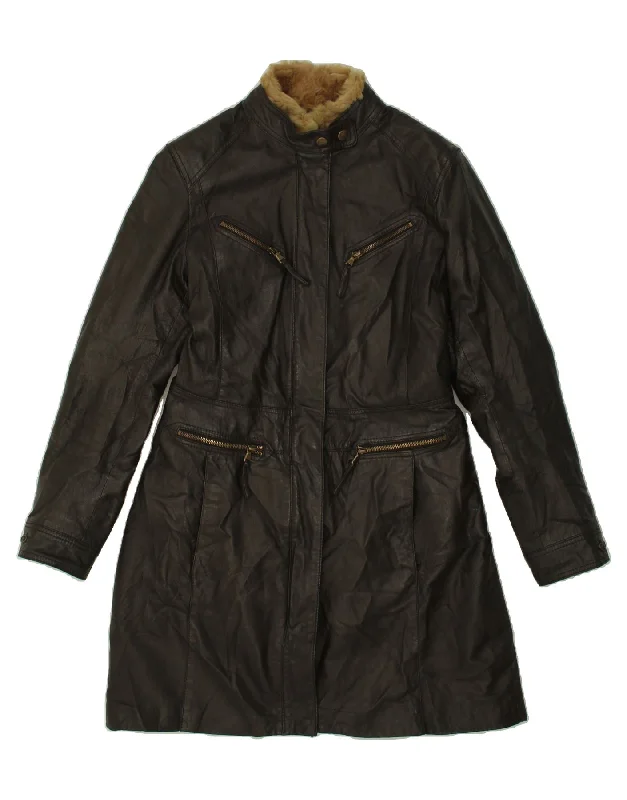 CONBIPEL Womens Leather Coat IT 46 Large Brown Leather Satin Silk Chiffon