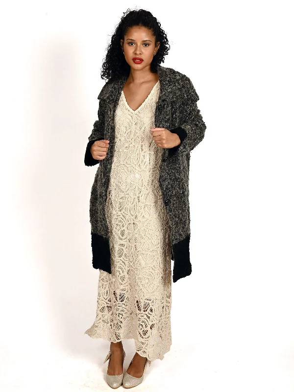 Odette Black And Grey Solid Woolen Long Coat For Women Parka Anorak Hoodie