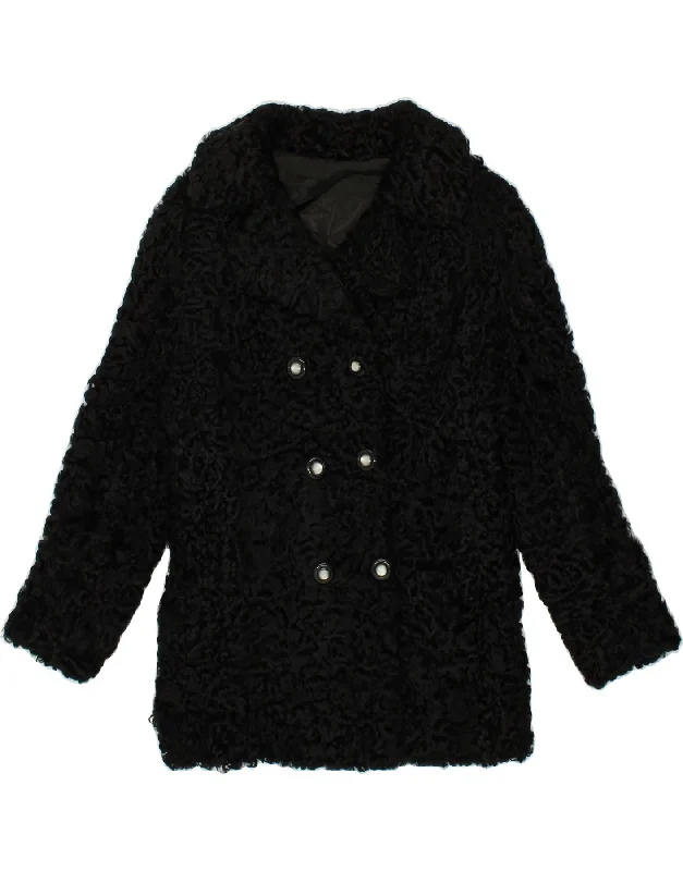 VINTAGE Womens Fur Double Breasted Coat UK 14 Medium Black Leather Trapeze Tunic Caftan VINTAGE Womens Fur Double Breasted Coat UK 14 Medium Black Leather Trapeze Tunic Caftan