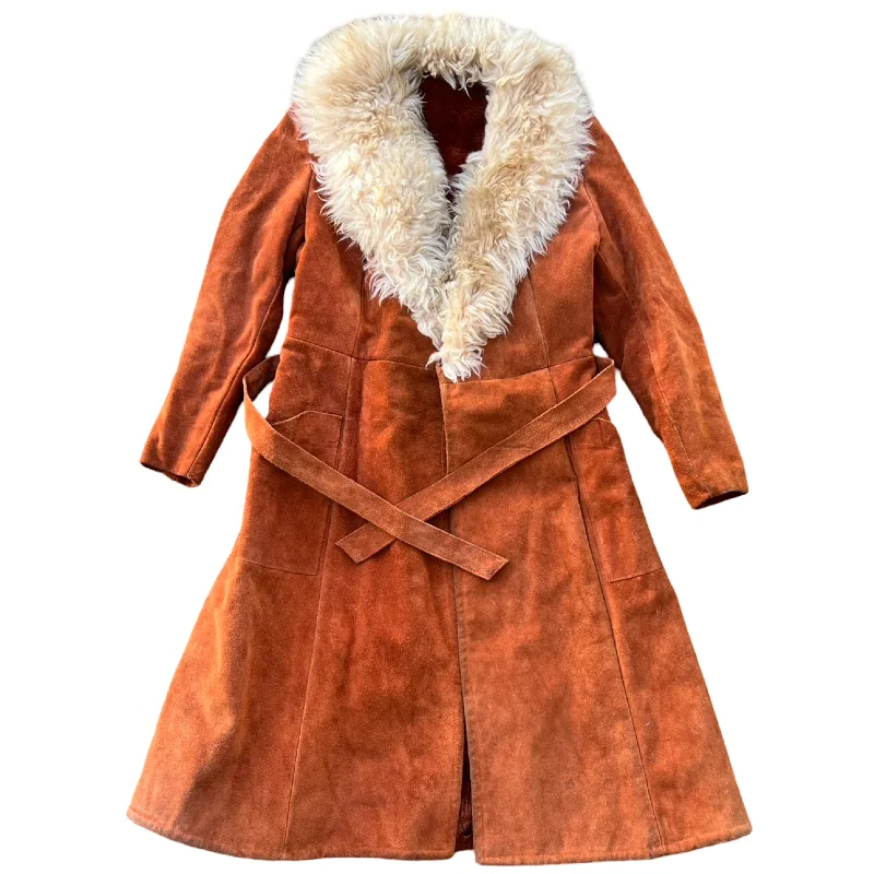 70's Penny Lane Belted Brown Suede Faux Fur Coat (M) Peter Pan Collar Cowl Neck Turtleneck 70's Penny Lane Belted Brown Suede Faux Fur Coat (M) Peter Pan Collar Cowl Neck Turtleneck