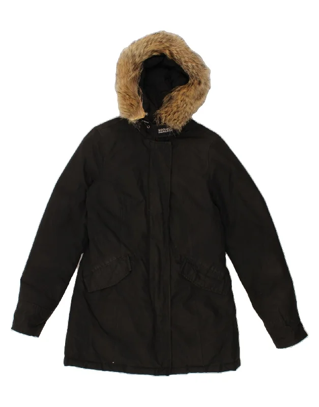WOOLRICH Womens Hooded Padded Coat UK 10 Small Black Bomber Jacket Denim Jacket Leather Jacket