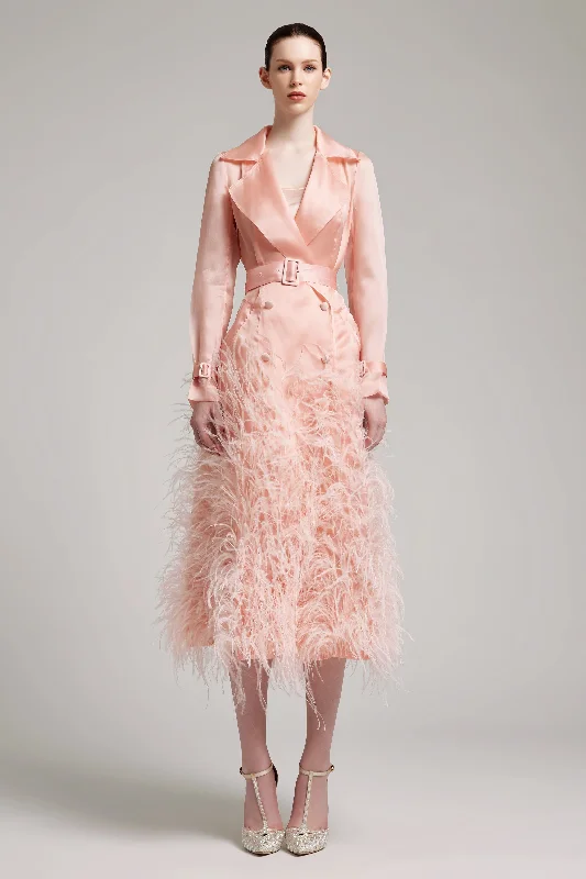 Silk Gazar Ostrich Feathers Embellished Trench Coat in Pink Raincoat Turtleneck Coat Wrap Coat Silk Gazar Ostrich Feathers Embellished Trench Coat in Pink Raincoat Turtleneck Coat Wrap Coat