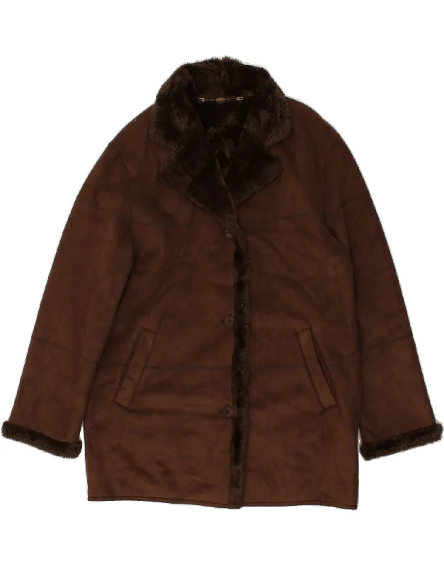 DELMOD Womens Sherpa Coat UK 14 Large  Brown Acrylic Parka Anorak Hoodie