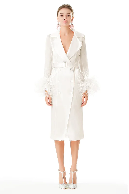 Ostrich Feathers Embellished Sleeves Silk Gazar Trench Coat in White Parka Down Jacket Wool Coat Ostrich Feathers Embellished Sleeves Silk Gazar Trench Coat in White Parka Down Jacket Wool Coat