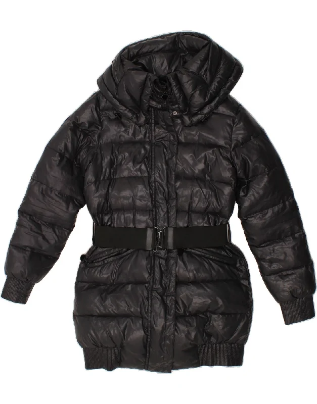 BENETTON Womens Padded Coat IT 42 Medium Black Nylon Elasticated Drawstring Belted