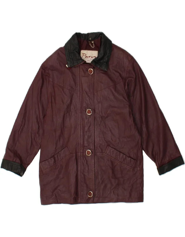 PARIS Womens Leather Coat EU 36 Small Purple Leather Stand-Up Roll-Neck Turtle