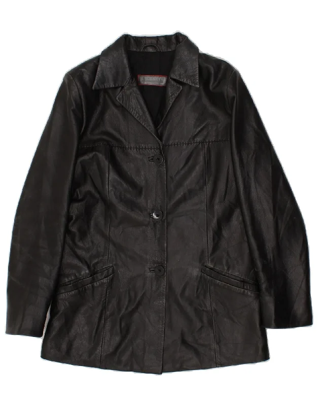 VINTAGE Womens Leather Coat IT 46 Large Black Leather Coat Overcoat Trench Coat