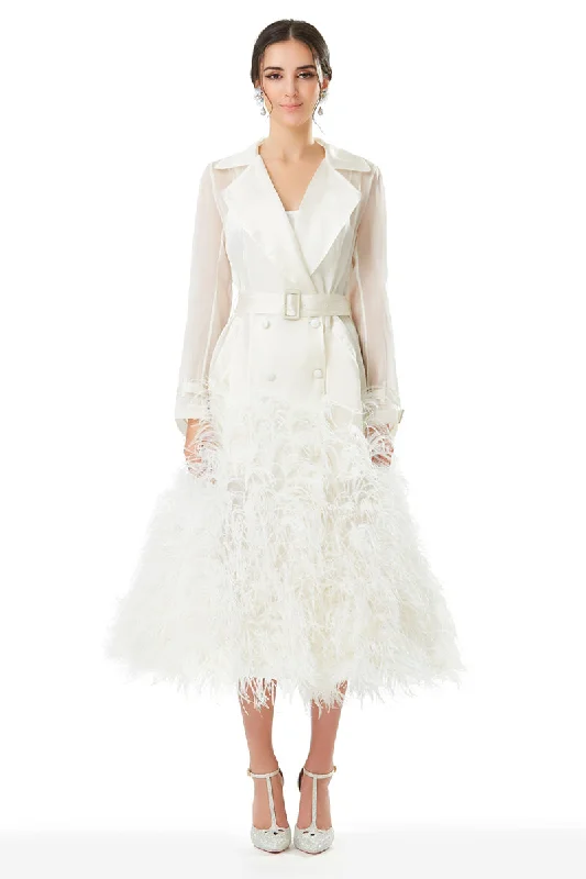 Silk Gazar Ostrich Feathers Embellished Trench Coat in White Quilted Jacket Anorak Windbreaker Silk Gazar Ostrich Feathers Embellished Trench Coat in White Quilted Jacket Anorak Windbreaker
