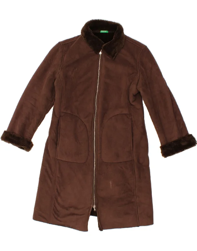 BENETTON Womens Sherpa Coat UK 16 Large Brown Modacryl Tie-Waist Belted Drawstring