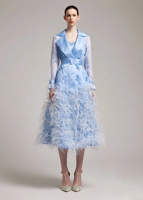 Silk Gazar Ostrich Feathers Embellished Trench Coat in Blue Toggle Coat Shawl Collar Coat Notch Collar Coat Silk Gazar Ostrich Feathers Embellished Trench Coat in Blue Toggle Coat Shawl Collar Coat Notch Collar Coat