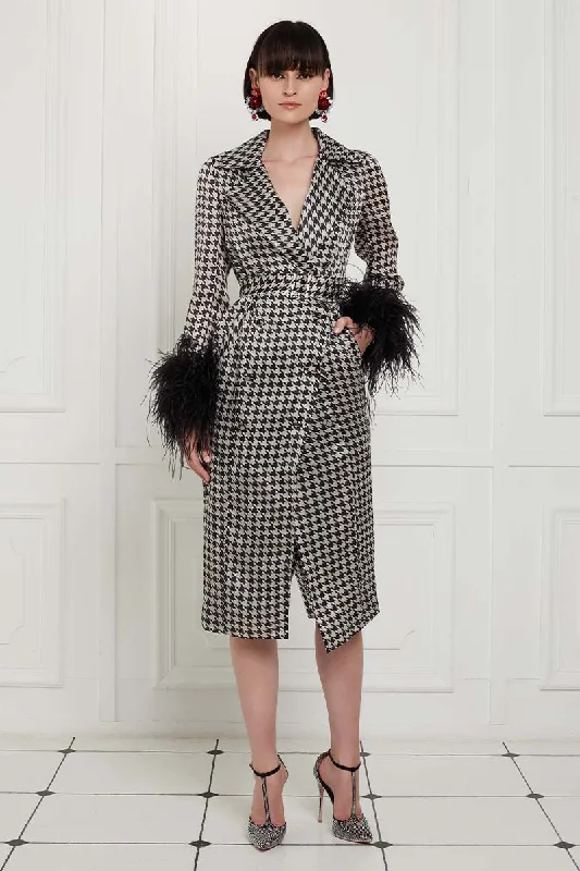 Houndstooth Print Ostrich Feather Embellished Sleeves Silk Gazar Trench Coat Tweed Herringbone Houndstooth Houndstooth Print Ostrich Feather Embellished Sleeves Silk Gazar Trench Coat Tweed Herringbone Houndstooth
