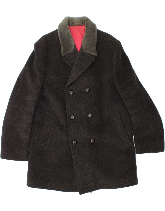 JOHN TEMPLE Womens Double Breasted Coat UK 14 Large Black Coat Overcoat Trench Coat