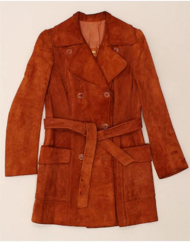 VINTAGE Womens Suede Double Breasted Coat UK 10 Small Brown Fleece Down Feather