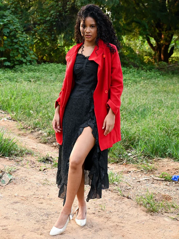 Odette Red Solid Woolen Long Coat For Women A-Line Ball Gown Mermaid