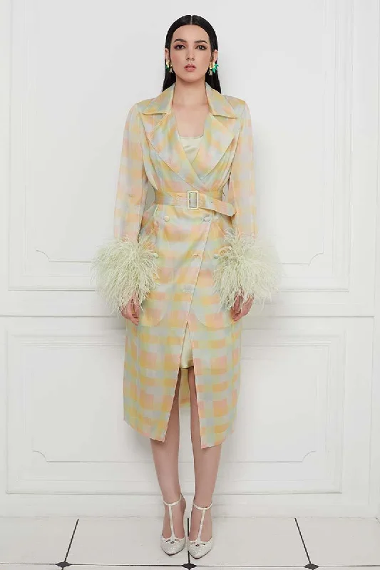 Checkered Print Ostrich Feather Embellished Sleeves Silk Gazar Trench Coat Boat Neck Jacket Square Neck Jacket One-Shoulder Jacket Checkered Print Ostrich Feather Embellished Sleeves Silk Gazar Trench Coat Boat Neck Jacket Square Neck Jacket One-Shoulder Jacket