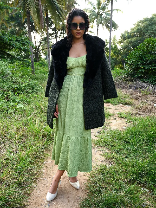 Odette Green Solid Woolen Long Coat For Women Collared Crew Neck Turtle Neck