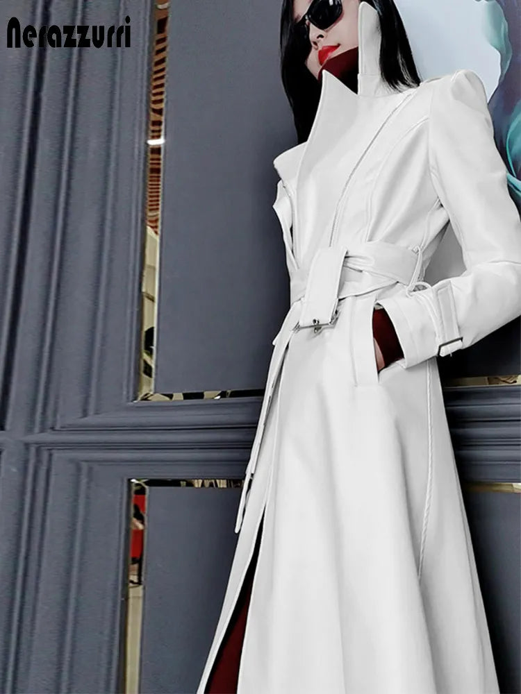 Nerazzurri Spring Runway White Long Leather Trench Coat for Women Long Sleeve Elegant Luxury fashion Womens Coats 2021 Designer Boat Shawl Notched Nerazzurri Spring Runway White Long Leather Trench Coat for Women Long Sleeve Elegant Luxury fashion Womens Coats 2021 Designer Boat Shawl Notched