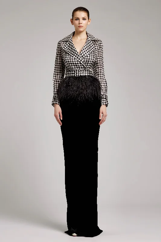 Houndstooth Print Ostrich Feather Embellished Silk Gazar Coat Trench Wool Cashmere