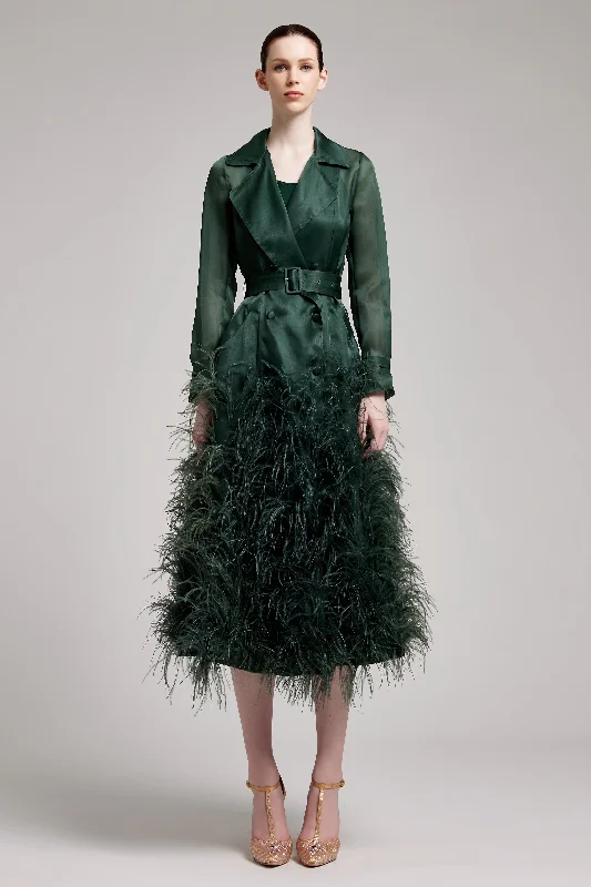 Silk Gazar Ostrich Feathers Embellished Trench Coat in Emerald Green Houndstooth Jacket Shearling Jacket Fleece Jacket