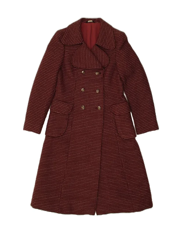 VINTAGE Womens Double Breasted Coat IT 42 Medium Maroon Spotted Collared Crew Neck Turtle Neck