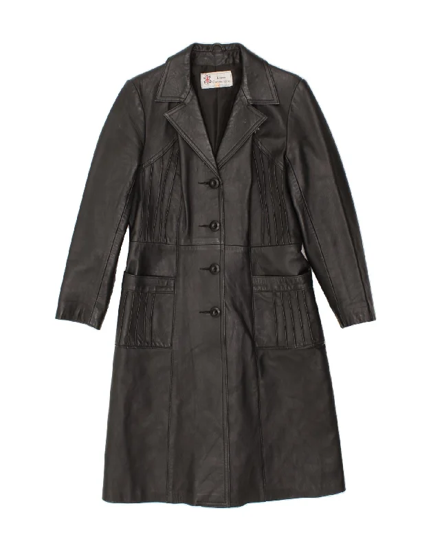 VINTAGE Womens Leather Coat UK 16 Large  Black Leather Crew Neck V-Neck Boat Neck