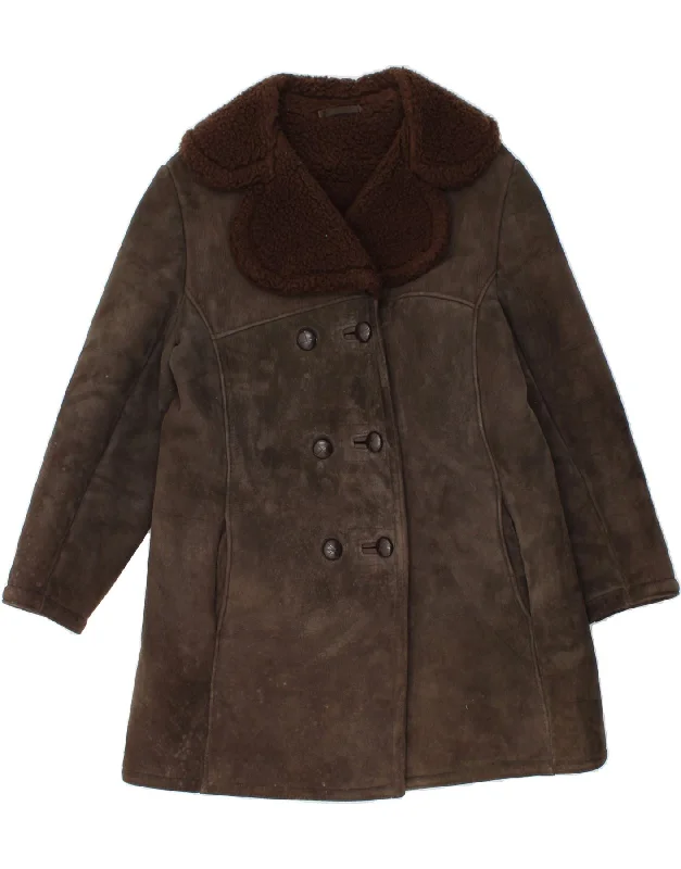 VINTAGE Womens Shearling Coat UK 16 Large Brown Crew Neck V-Neck Boat Neck