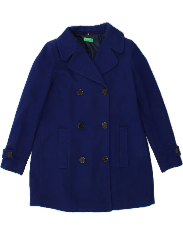 BENETTON Womens Pea Coat UK 8 Small Blue Wool Welt Pockets Slit Pockets Flap Pockets BENETTON Womens Pea Coat UK 8 Small Blue Wool Welt Pockets Slit Pockets Flap Pockets