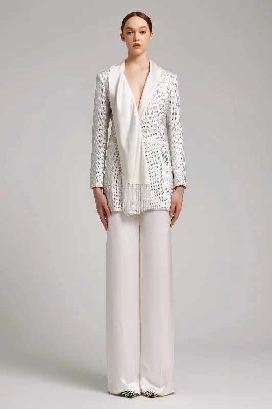 Rhinestone Embellished Coat Dress with Silk Satin Scarf Lapel in White Striped Polka Dot Solid Rhinestone Embellished Coat Dress with Silk Satin Scarf Lapel in White Striped Polka Dot Solid