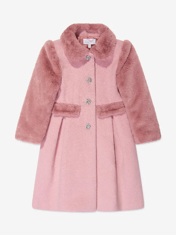 Patachou Girls Felted and Faux Fur Coat in Pink Anorak Windbreaker Fleece