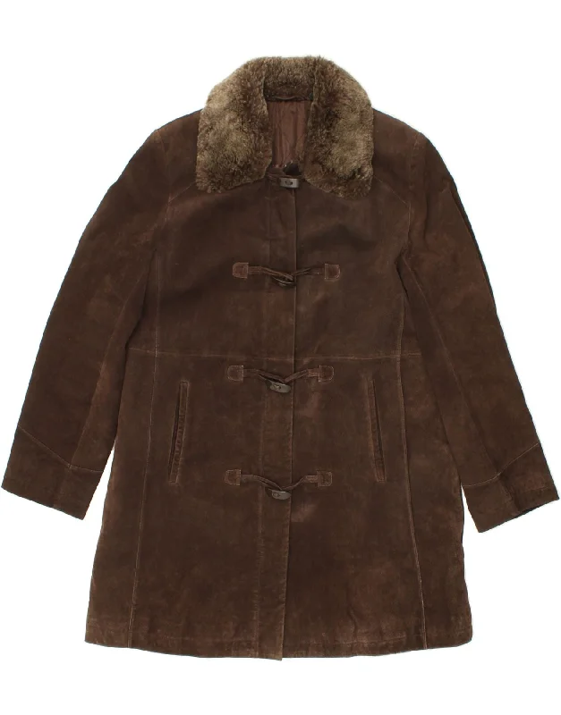 C&A Womens Leather Coat UK 16 Large Brown Leather Print Jacquard Embroidered