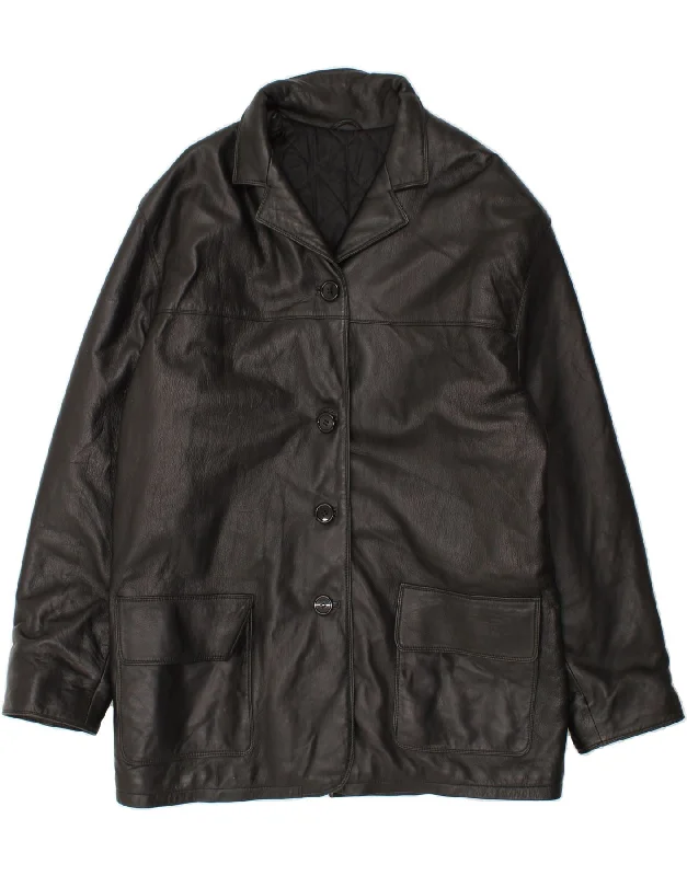 VINTAGE Womens Leather Coat UK 18 XL Black Parka Anorak Hoodie