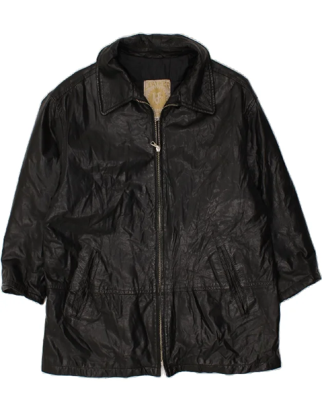 VINTAGE Womens Leather Coat IT 42 Medium Black Leather Parka Down Jacket Wool Coat