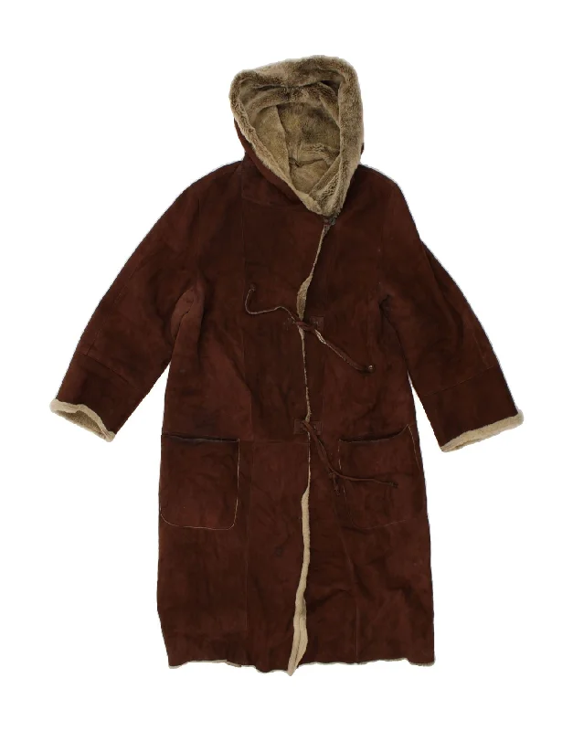 VINTAGE Womens Hooded Shearling Coat EU 40 Medium Brown Trench Raincoat Windbreaker