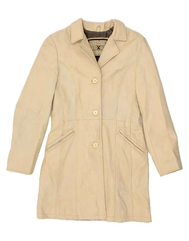 PANTERA Womens Leather Coat EU 38 Medium Beige Leather Tailored Straight A-Line