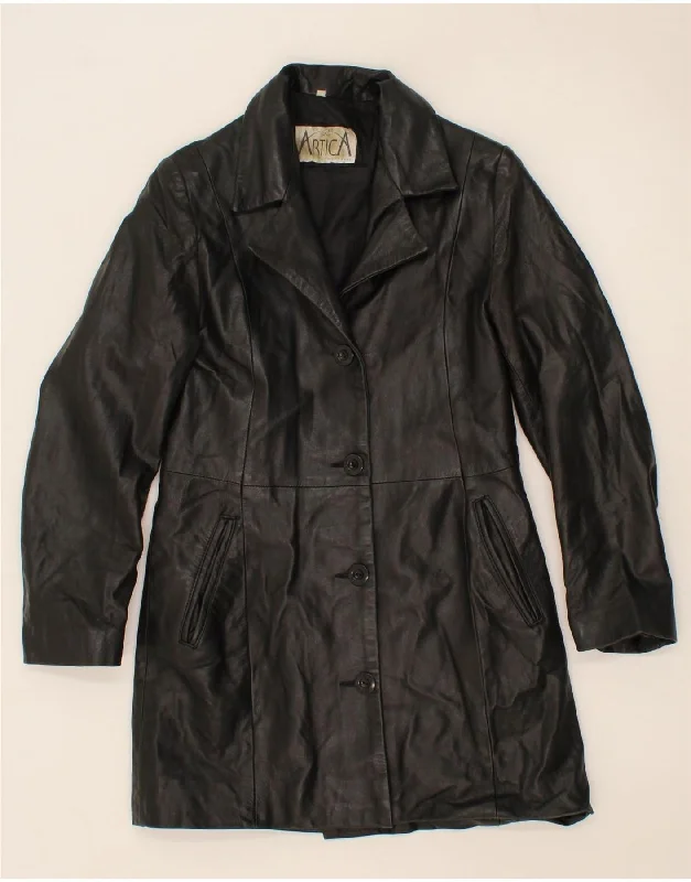 VINTAGE Womens Leather Coat UK 10 Small Black Leather Trench Raincoat Windbreaker